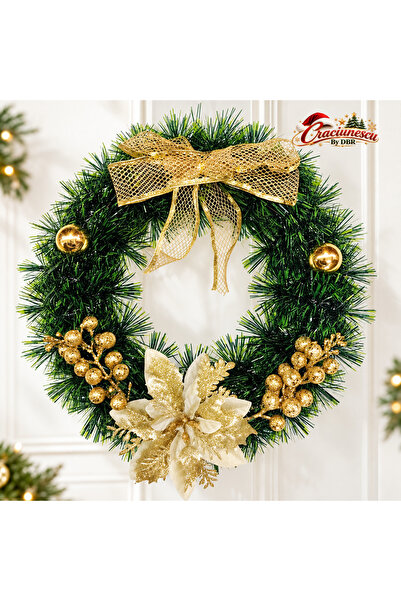 Craciunescu By DBR Coronita Artificiala de Craciun 30 cm, Verde cu Decor Auriu -