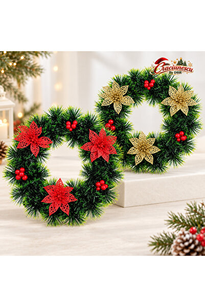 Craciunescu By DBR Coronita Artificiala de Craciun 24 cm, cu Flori Decorative -