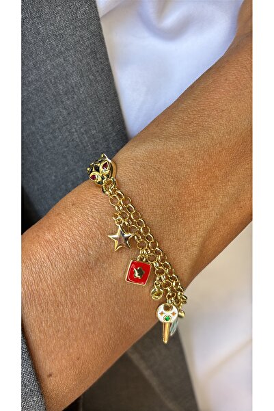 Stelle Jewelry Women's Gold Color Panther Figured Charm Bracelet 20 cm Colorful Dangle Accessory Bracelet