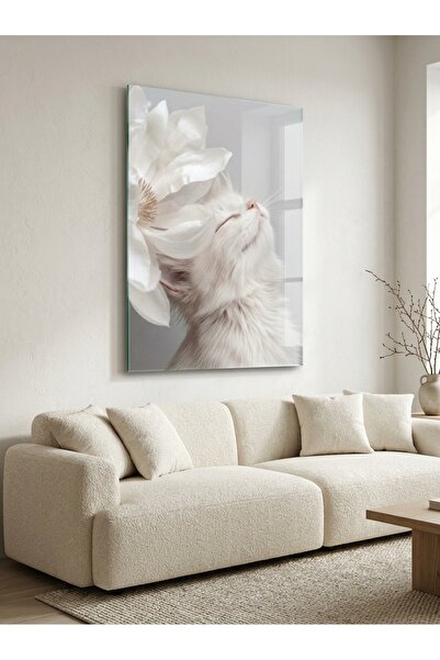 Lui Tasarım Büyük Boy 50x70 Beyaz Kedi ve Çiçek Zen Minimal İskandinav Huzurl...