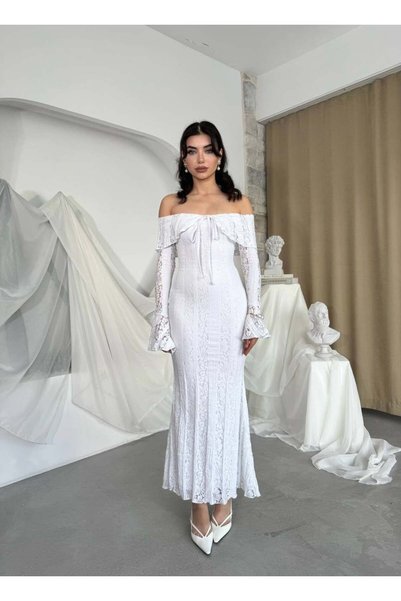 conconmoda Lumina Dantel Kumaş Açık Omuz Uzun Elbise