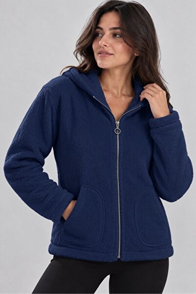 BANEGA Jachetă cardigan de damă, cu glugă, cu fermoar, cu buzunare duble, tex...
