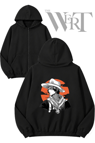 THEWERT Portgas One Piece Back Printed Zippered Hooded Black Cardigan (2 Yarns)