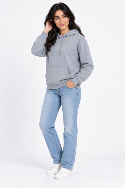 ODİN ATLAS Women's Gray Hooded 3-Thread Sweatshirt with Kangaroo Pocket