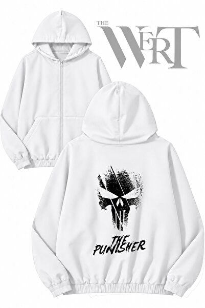 THEWERT Punisher 4 Back Printed Zippered Hooded White Cardigan (2 Yarn)