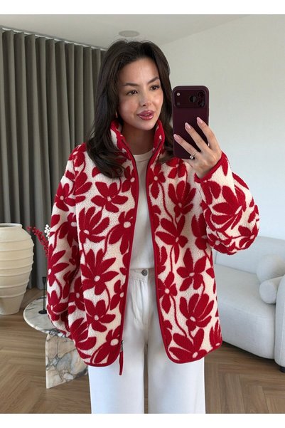 manana fashion سترة تيدي من الصوف بنمط زهور حمراء وسحاب أمامي