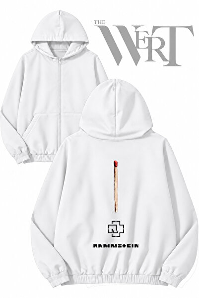 THEWERT Rammstein Match Back Print Zippered Hooded White Cardigan (2 Yarns)