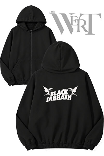THEWERT Black Sabbath Two Angels Back Print Zippered Hooded Black Cardigan (2...
