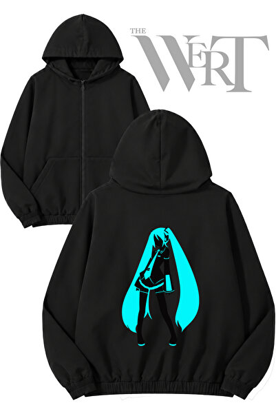 THEWERT Hatsune Miku_5 Cardigan negru cu glugă și fermoar imprimat pe spate (...