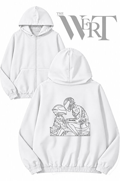 THEWERT Motorcu Sevgili Back Printed Zippered Hooded White Cardigan (2 Yarns)