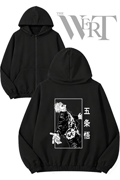 THEWERT سترة سوداء بقلنسوة وسحاب مطبوعة من الخلف من Jujutsu Kaisen Gojo Sator...