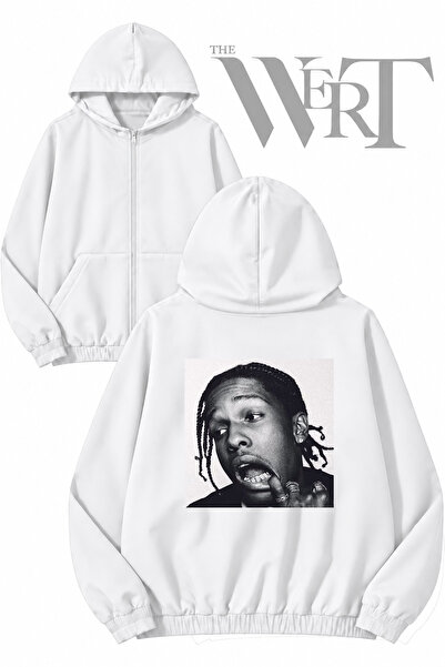 THEWERT سترة بيضاء بقلنسوة وسحاب وطباعة على الظهر من Asap Rocky (2 خيط)