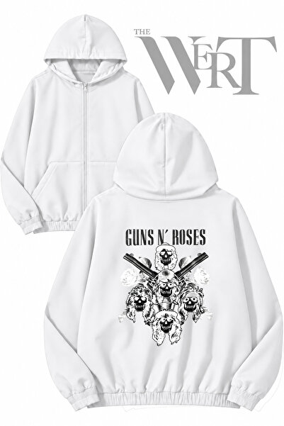 THEWERT سترة بيضاء بقلنسوة وسحاب مطبوع عليها 8 رسومات من Guns N Roses Rock Mu...