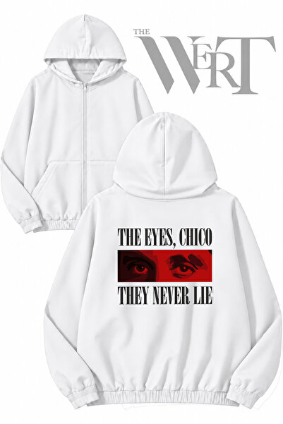 THEWERT سترة بيضاء بقلنسوة وسحاب وطباعة على الظهر من The Eyes Chico The Never...