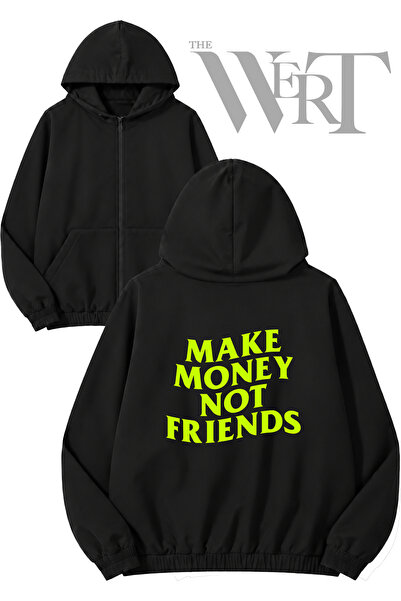 THEWERT Make Money Not Friends Back Printed Zippered Hooded Black Cardigan (2...