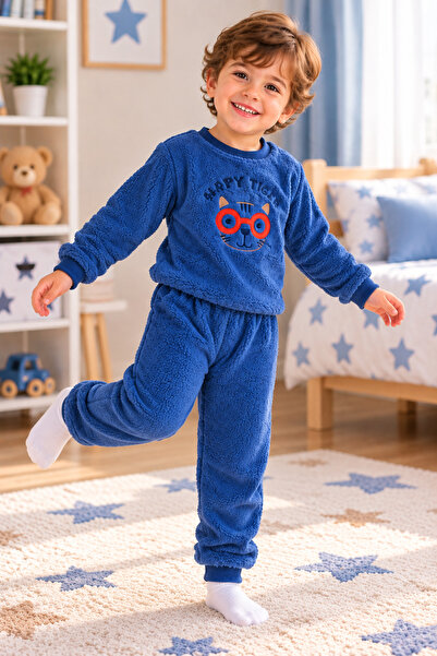 SERPİL Boy's Plush Fleece Set Happy Tiger Patterned Winter Pajama Set