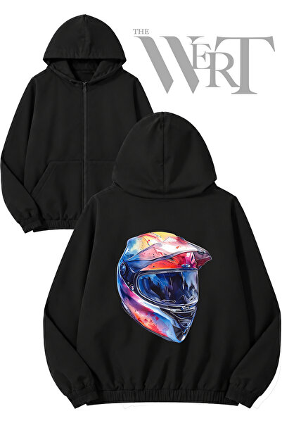 THEWERT Motorcycle Helmet Back Printed Zippered Hooded Black Cardigan (2 Yarns)