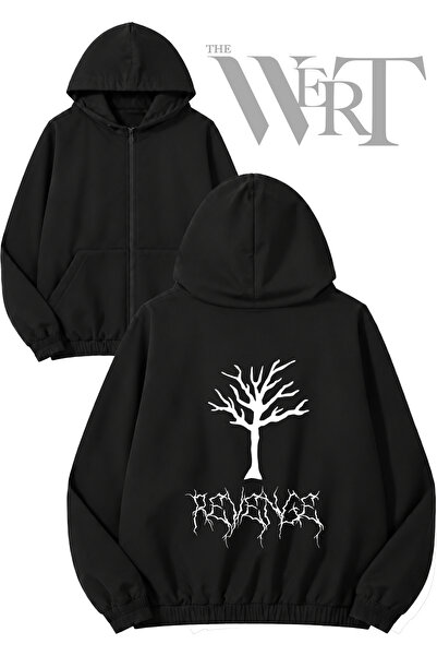 THEWERT Xxxtentacion Revenge Tree - Cardigan negru cu glugă și fermoar imprim...