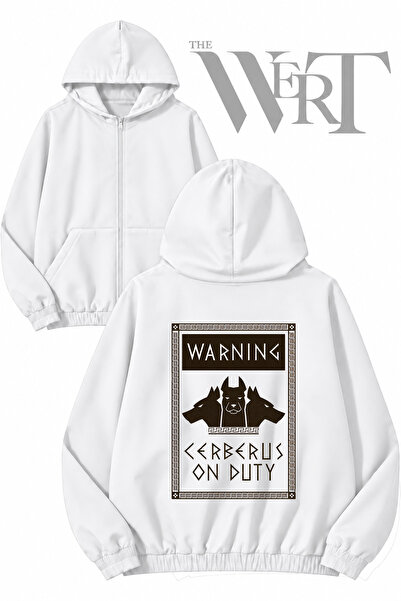 THEWERT Warning Cerberus Back Printed Zippered Hooded White Cardigan (2 Yarns)