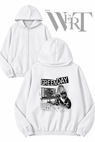 THEWERT كارديجان أبيض بسحّاب وطباعة خلفية من Green Day Tv (خيطان)