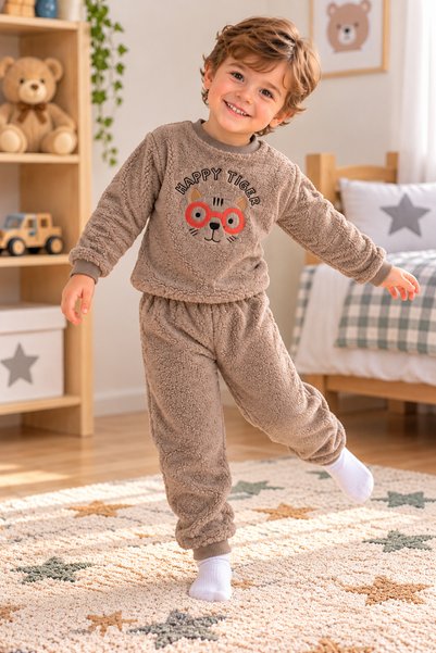 SERPİL Erkek Çocuk Peluş Polar Takım Happy Tiger Desenli Kışlık Pijama Takımı