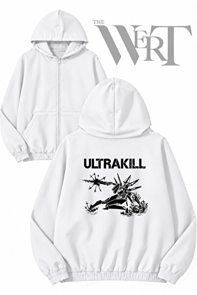 THEWERT سترة Ultrakill 2 بيضاء اللون بسحّاب وغطاء رأس مطبوع من الخلف (خيطان)