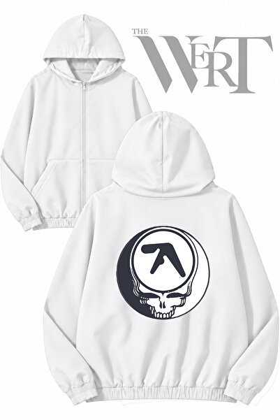 THEWERT سترة بيضاء بقلنسوة وسحاب وطباعة على الظهر من Aphex Twin 4 Sweat (2 Th...