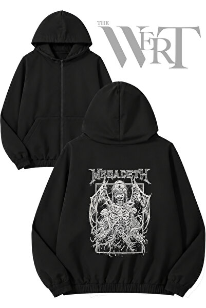 THEWERT Megadeth Glasses Back Print Zippered Hooded Black Cardigan (2 Yarns)