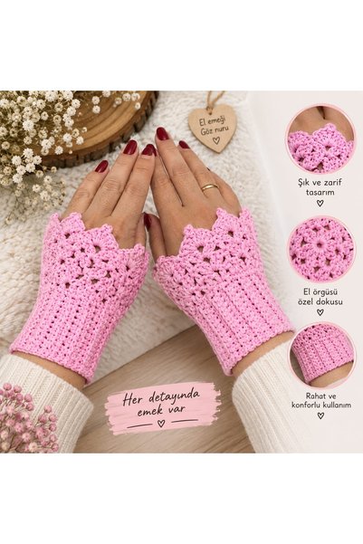 Pembe El Örgüsü Çiçek Motifli Eldiven Bileklik – Dekoratif Kol Manşeti, 2’li Çift