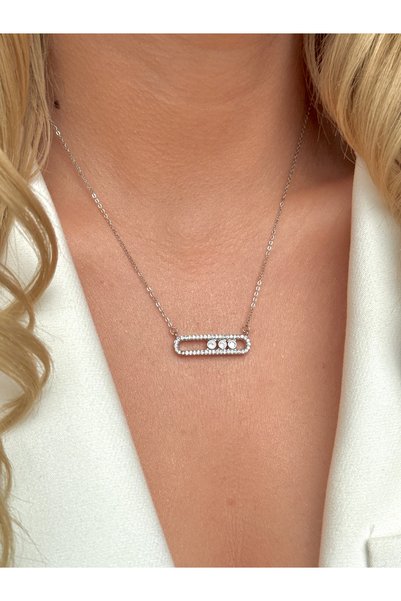 YOUES JEWELRY Çelik Mess Taşları Hareketli Zirkon Taşlı Kolye Silver