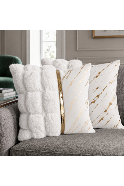 DECORA CASA HOME COLLECTİON طقم من 2 غطاء وسادة مخملي فاخر - تفاصيل ذهبية 45x45