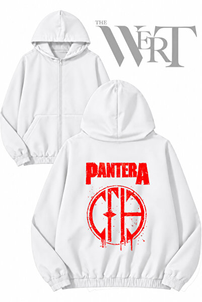 THEWERT كارديجان أبيض بقلنسوة وسحاب وطباعة خلفية من Pantera Rock 3 (خيطان)