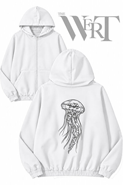 THEWERT Бяла жилетка с качулка и цип, с принт на медузи (2 прежди)