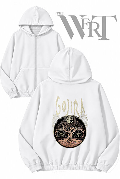 THEWERT كارديجان أبيض بقلنسوة وسحاب وطباعة خلفية من Gojira 2 (خيطان)