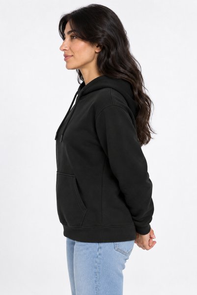 ODİN ATLAS Women's Black Hooded 3-Thread Sweatshirt with Kangaroo Pocket