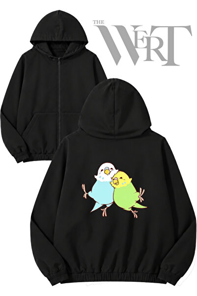 THEWERT Muhabbet Kuşu 3 Back Printed Zippered Hooded Black Cardigan (2 Yarns)