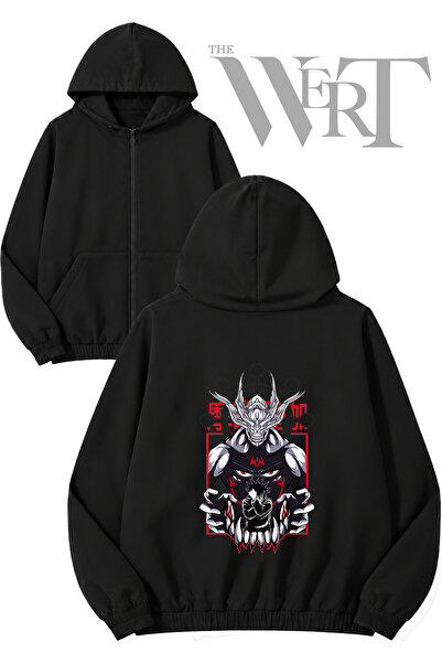 THEWERT Megumi Fushiguro Mahoraga Back Printed Zippered Hooded Black Cardigan...