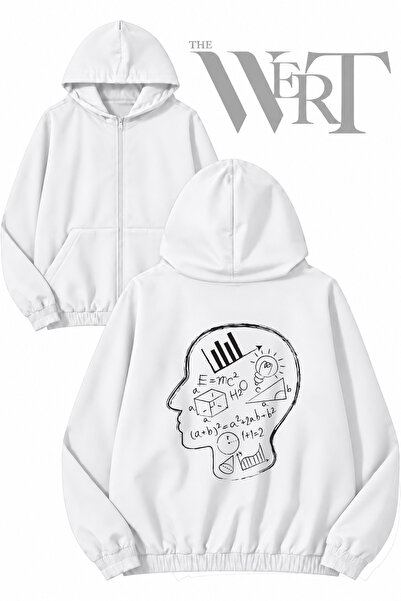 THEWERT Mathematics Head Back Printed Zippered Hooded White Cardigan (2 Yarns)