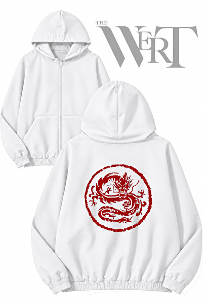 THEWERT سترة بيضاء بقلنسوة وسحاب وطباعة على الظهر من Cin Dragon (2 خيط)