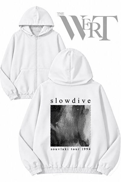 THEWERT سترة بيضاء بقلنسوة وسحاب وطباعة على الظهر من Slowdive Band Souvlaki (...