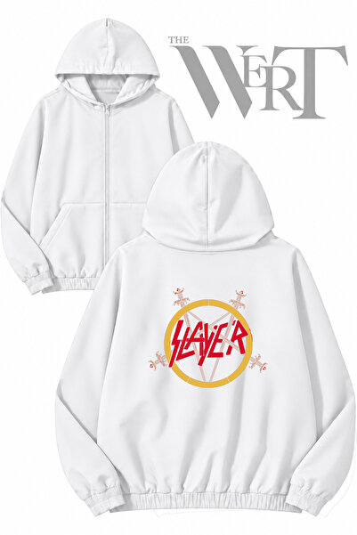 THEWERT سترة بيضاء بقلنسوة وسحاب وطبعة على الظهر من Slayer Star (خيطان)