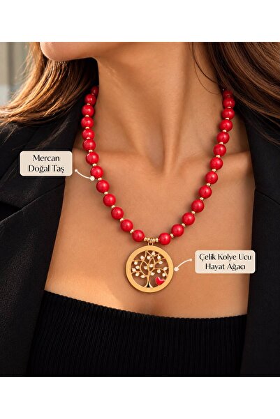 HUBANN Women's Handmade Coral Natural Stone Necklace with Steel Tree of Life ...