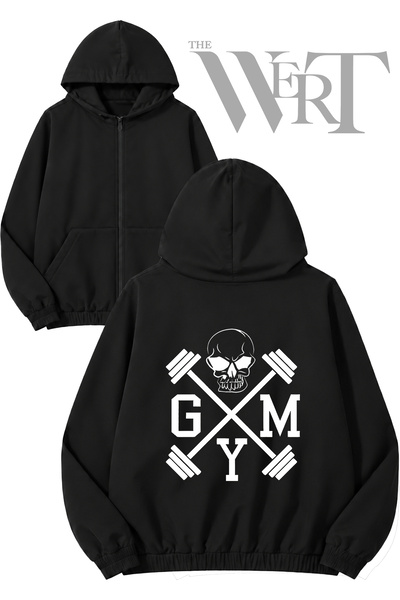 THEWERT Gym Skull Back Printed Zippered Hooded Black Cardigan (2 Yarns)