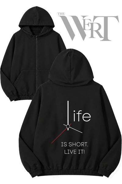 THEWERT Life Is Short Live It Back Printed Zippered Hooded Black Cardigan (2 ...