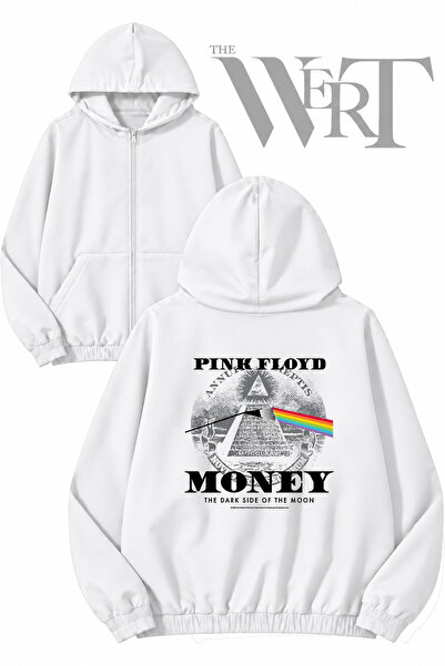 THEWERT Pink Floyd Money Back Printed Zippered Hooded White Cardigan (2 Yarns)