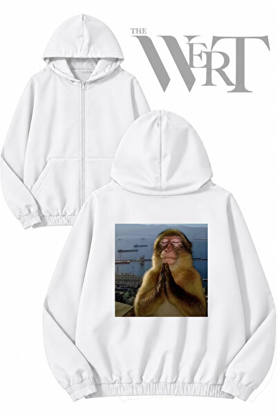 THEWERT Monkey Praying Back-Printed Zippered Hooded White Cardigan (2 Yarns)