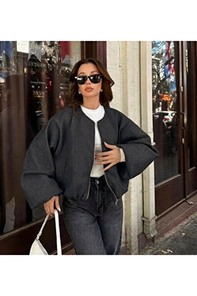T SteepRockt Kadın Kaşe Bomber Ceket Antrasit Astarlı Fermuarlı Kısa Model