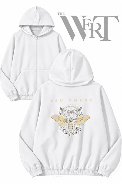 THEWERT Bad Omens Sari Kelebek Back Printed Zippered Hooded White Cardigan (2...