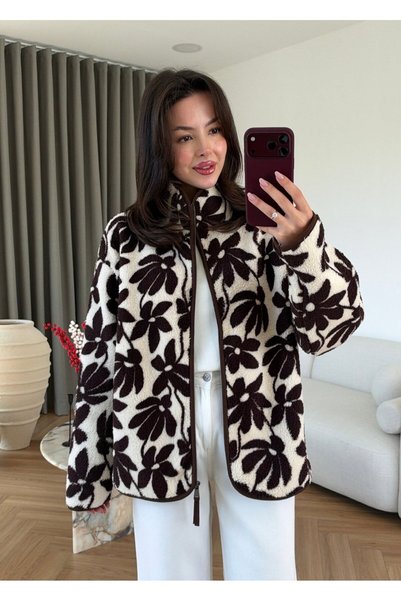 manana fashion Coffee Floral Patterned Fleece Zippered Teddy Sweatshirt