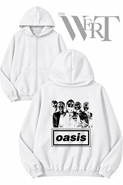 THEWERT سترة بيضاء بقلنسوة وسحاب مطبوعة من Oasis Music (2 خيط)